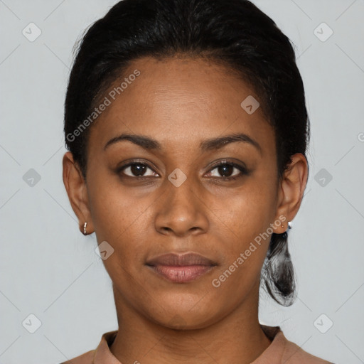 Neutral black young-adult female with short  black hair and brown eyes