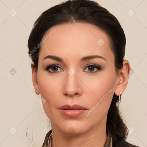 Neutral white young-adult female with medium  brown hair and brown eyes