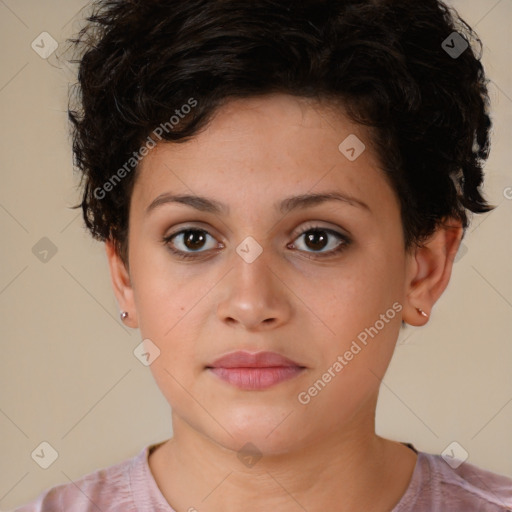 Neutral white young-adult female with short  brown hair and brown eyes