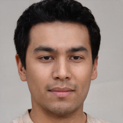 Neutral asian young-adult male with short  black hair and brown eyes