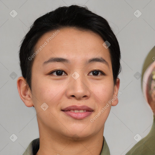 Joyful asian young-adult female with short  brown hair and brown eyes