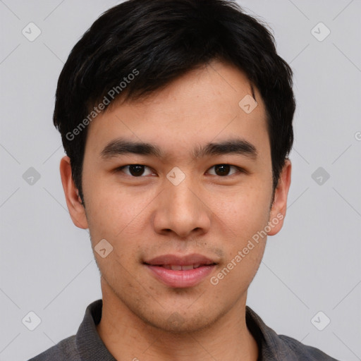 Neutral asian young-adult male with short  black hair and brown eyes