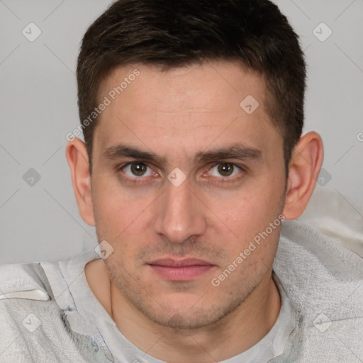 Neutral white young-adult male with short  brown hair and brown eyes