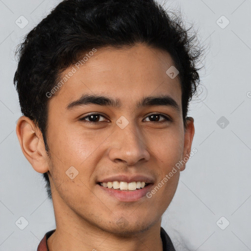 Joyful latino young-adult male with short  brown hair and brown eyes