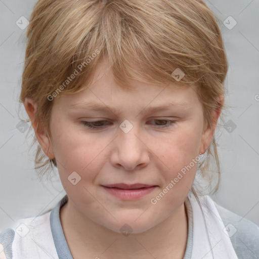 Joyful white child female with medium  brown hair and grey eyes