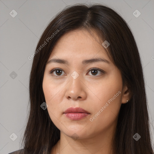 Neutral white young-adult female with long  brown hair and brown eyes