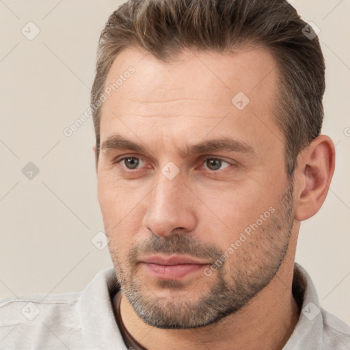 Neutral white adult male with short  brown hair and brown eyes