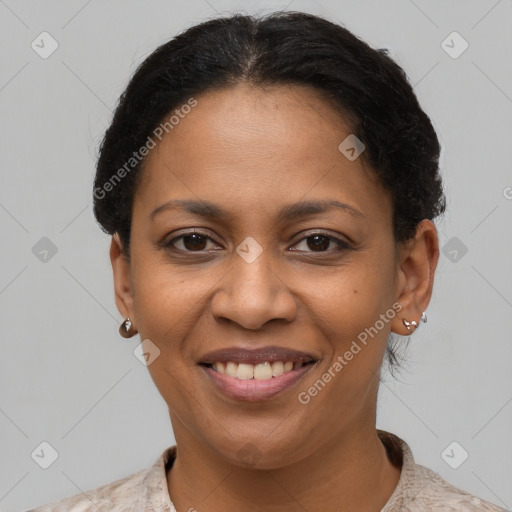 Joyful latino young-adult female with short  brown hair and brown eyes