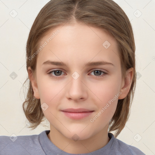 Joyful white child female with medium  brown hair and brown eyes