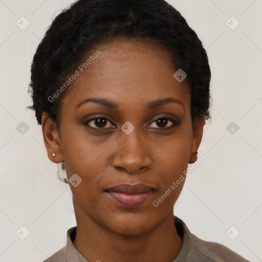 Neutral black young-adult female with short  brown hair and brown eyes