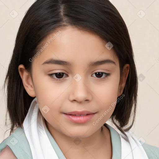 Joyful white child female with medium  brown hair and brown eyes