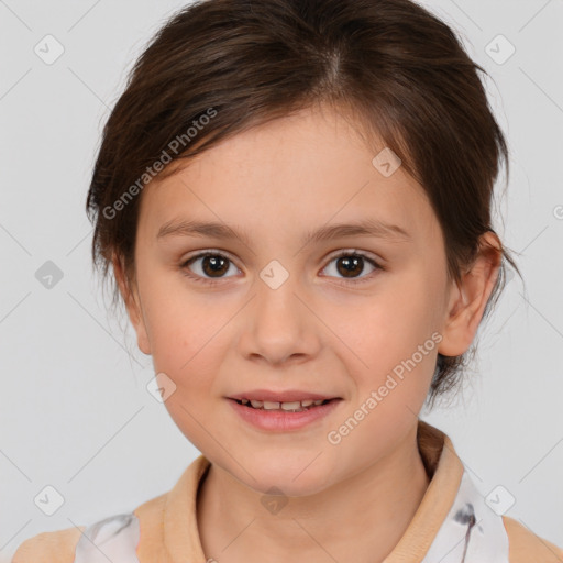 Joyful white child female with medium  brown hair and brown eyes