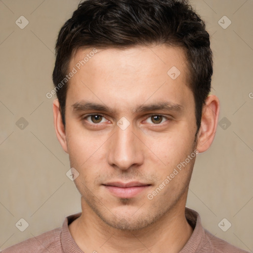 Neutral white young-adult male with short  brown hair and brown eyes