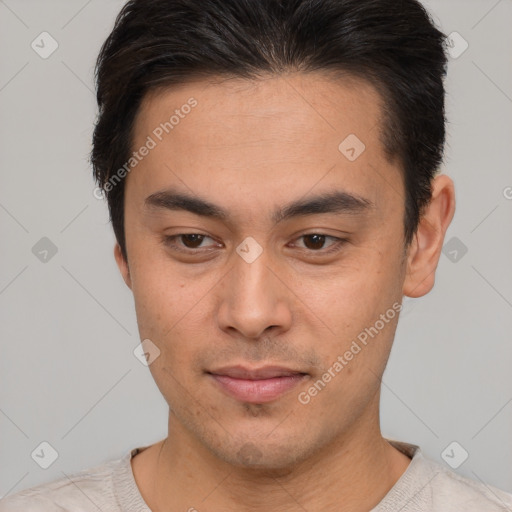 Neutral asian young-adult male with short  brown hair and brown eyes