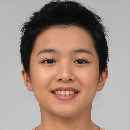 Joyful asian young-adult female with short  brown hair and brown eyes