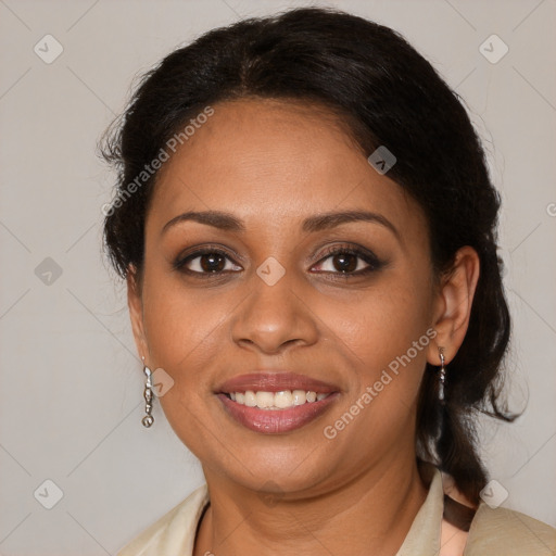 Joyful black young-adult female with medium  brown hair and brown eyes