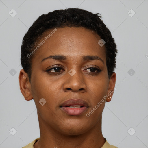 Neutral black young-adult female with short  brown hair and brown eyes