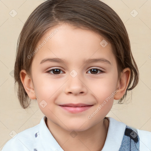 Joyful white child female with medium  brown hair and brown eyes