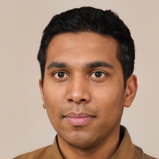 Neutral latino young-adult male with short  black hair and brown eyes
