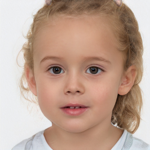 Neutral white child female with medium  brown hair and blue eyes