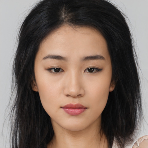 Neutral asian young-adult female with long  brown hair and brown eyes