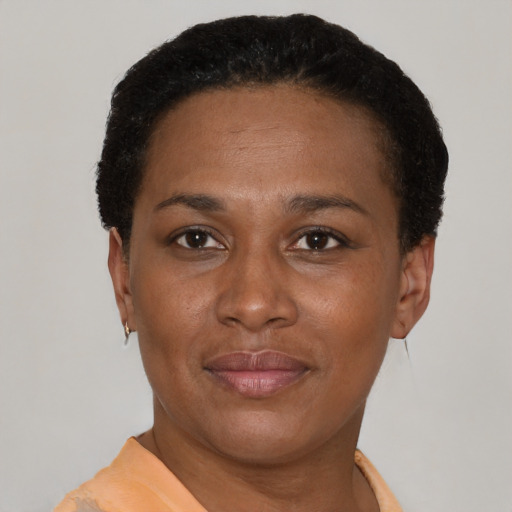 Joyful black young-adult female with short  black hair and brown eyes