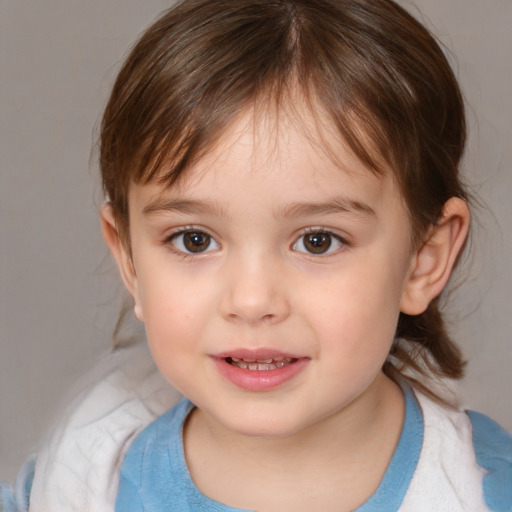 Joyful white child female with medium  brown hair and brown eyes