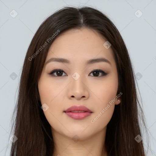 Neutral asian young-adult female with long  brown hair and brown eyes