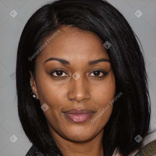 Joyful asian young-adult female with medium  black hair and brown eyes