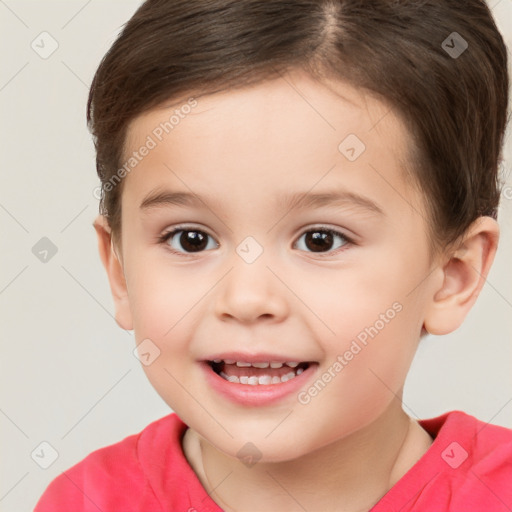 Joyful white child female with short  brown hair and brown eyes