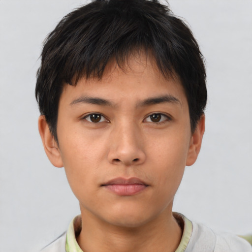 Neutral asian young-adult male with short  brown hair and brown eyes