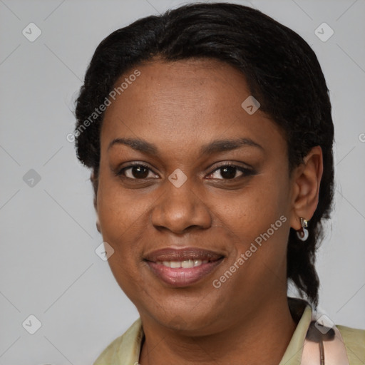 Joyful black young-adult female with medium  brown hair and brown eyes