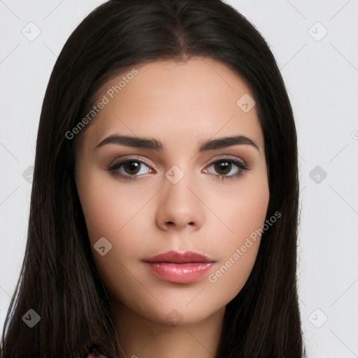 Neutral white young-adult female with long  brown hair and brown eyes