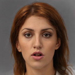 Neutral white young-adult female with long  brown hair and brown eyes