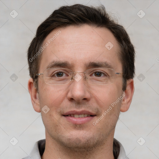 Joyful white adult male with short  brown hair and grey eyes