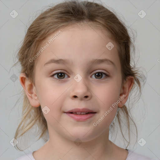 Joyful white child female with medium  brown hair and brown eyes