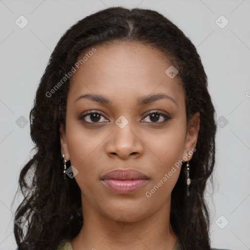 Neutral black young-adult female with long  brown hair and brown eyes