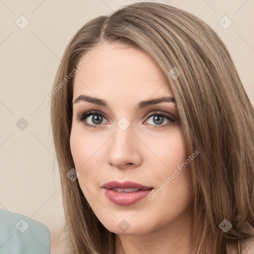 Neutral white young-adult female with long  brown hair and brown eyes