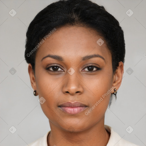 Neutral black young-adult female with short  black hair and brown eyes