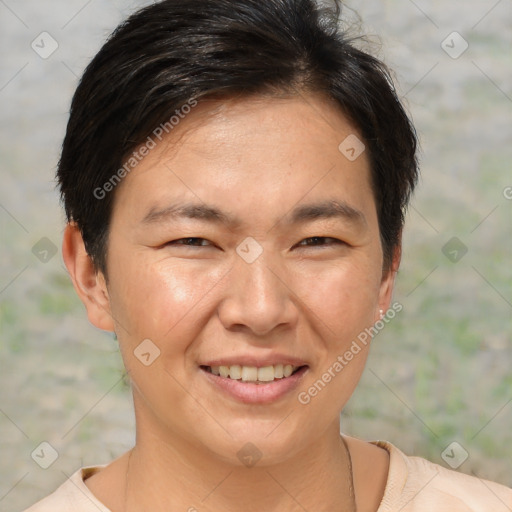 Joyful white adult female with short  brown hair and brown eyes