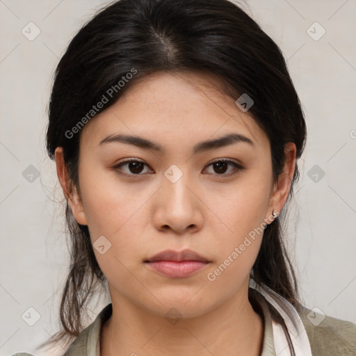 Neutral asian young-adult female with medium  brown hair and brown eyes