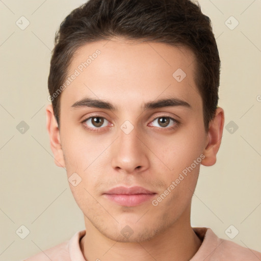 Neutral white young-adult male with short  brown hair and brown eyes