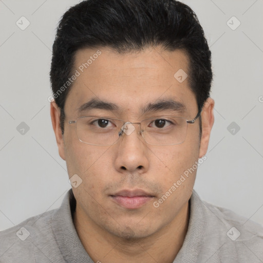 Neutral asian young-adult male with short  black hair and brown eyes