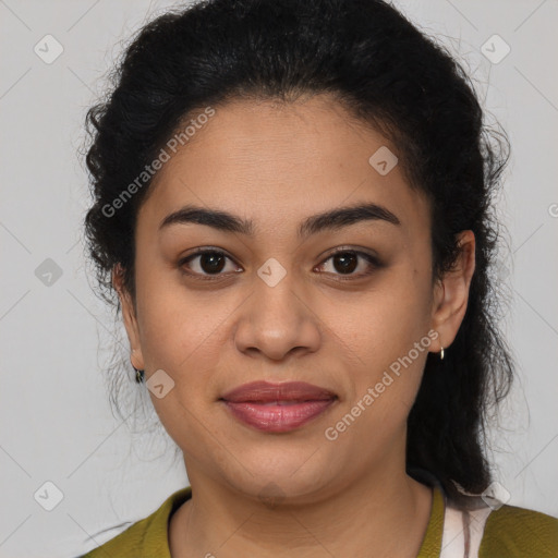 Joyful latino young-adult female with medium  brown hair and brown eyes