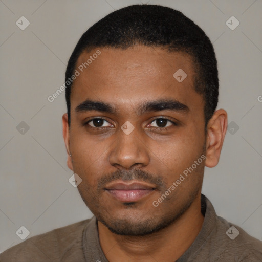 Neutral black young-adult male with short  black hair and brown eyes