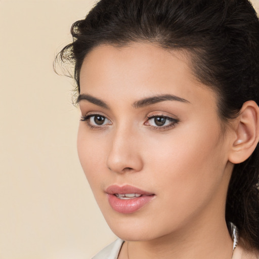 Neutral white young-adult female with medium  brown hair and brown eyes