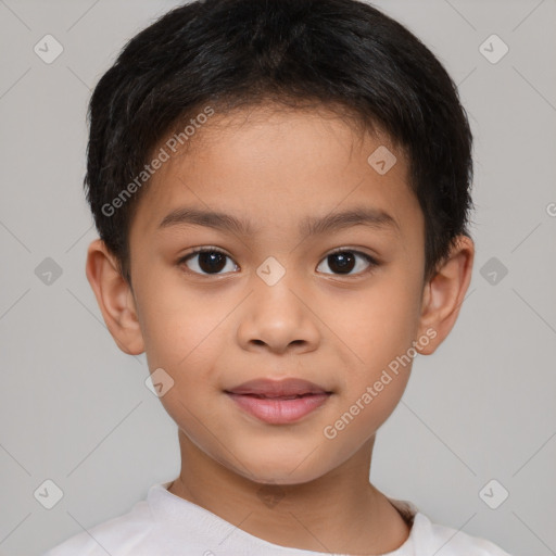 Joyful white child male with short  brown hair and brown eyes