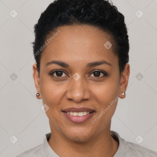 Joyful latino young-adult female with short  black hair and brown eyes