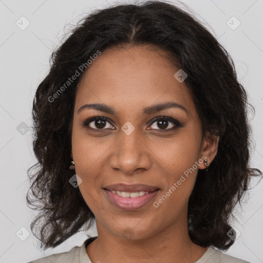 Joyful black young-adult female with medium  brown hair and brown eyes