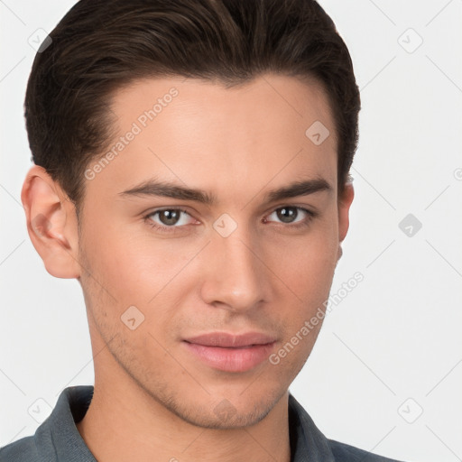 Neutral white young-adult male with short  brown hair and brown eyes